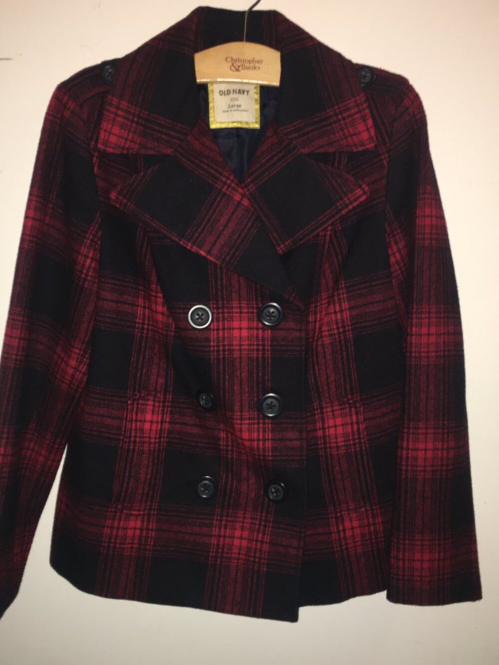 Old Navy Peacoat Dark Navy Blue and Red Plaid Size Large Gently Worn